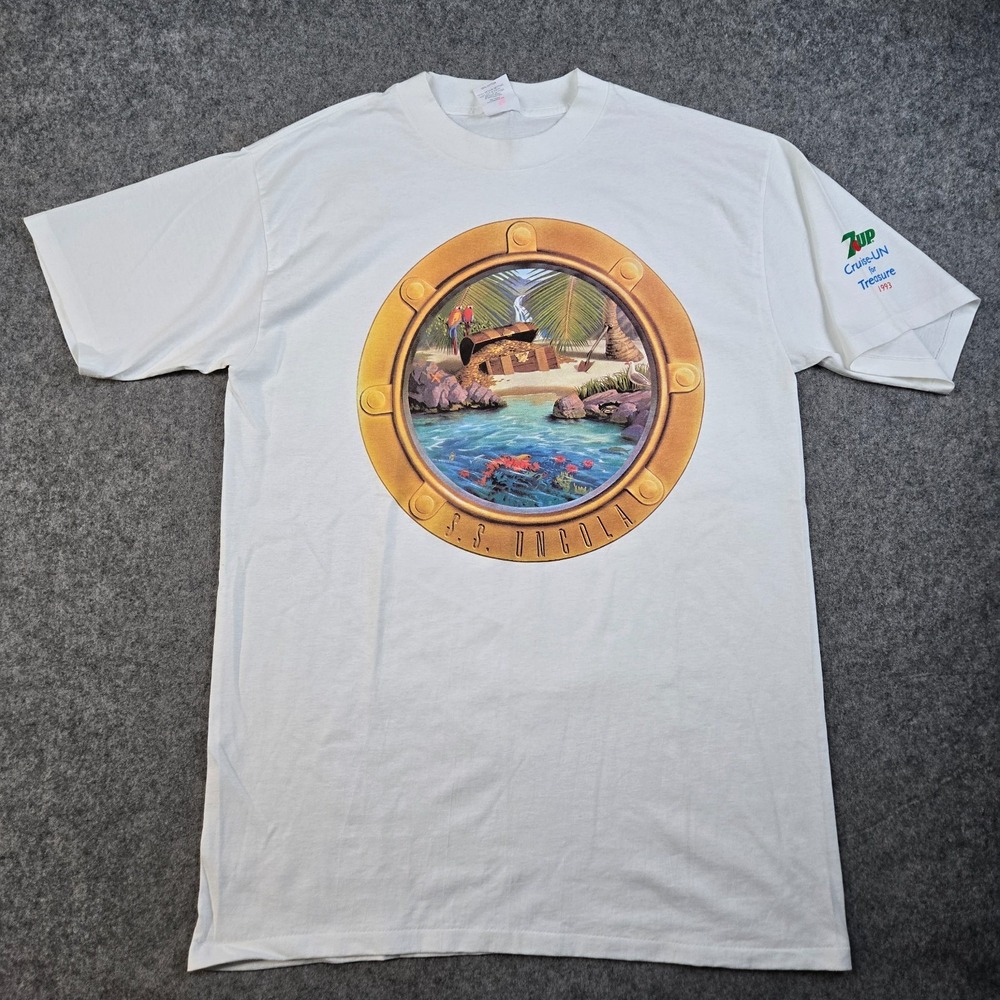 Vintage 90s Nature T-Shirt Mens XL Pirate Dolphin Destination‎ Uncola 7Up Promo